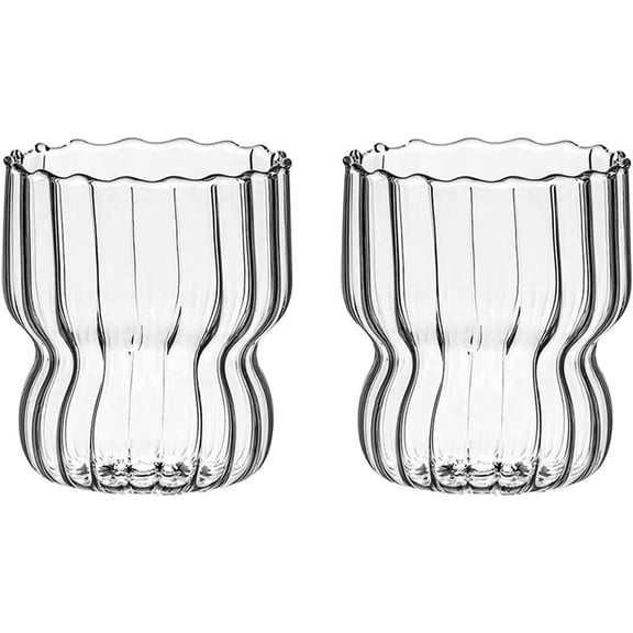 ABCISI 10 Oz Ribbed Glass Cups Set of 2, Creative Wavy Drinking Glasses, Vintage Ripple Drinking Glassware for Coffee Cocktail Juice Water Soda, Suitable for Homes, Bars, Restaurants