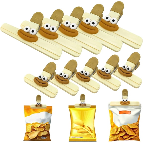 ABCISI 10-Pack Chip Bag Clips for Food, Multipurpose Plastic Chips Kitchen, Pantry, Office Use, Seal Clips for Snacks, Wide Opening Design Bags, Funny Cartoon Clips for Photos, Menus (5 x L, 5 x S)
