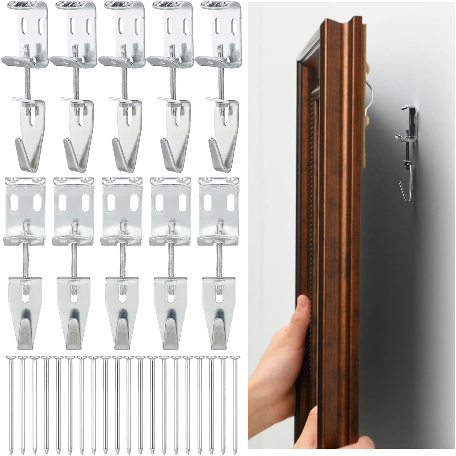 ABCISI 10 Pcs Adjustable Picture Hangers, J Hooks Mirror Hanging Kit with Hangers Hooks  for Mirrors, Art & Frames, Wall Mount Hardware Supports up to 100 Lbs