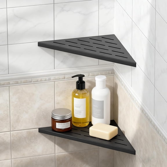 ABCISI 10" Shower Corner Shelf, 2 Pack 304 Stainless Steel Triangle Shower Caddy for Tiled Wall, Slot Design Recessed Storage Corner Shelf for Bathroom Kitchen Organization,No Drilling,Matte Black