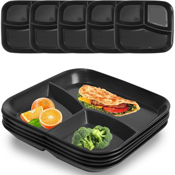 ABCISI 10'' Wheat Portion Control Dinner Plates, 5 Unbreakable Microwaveable Separate Plates, 3 Compartment Square Food Divider Plates for Kids Adults, Great For Healthy Eating And Weight Loss, Black