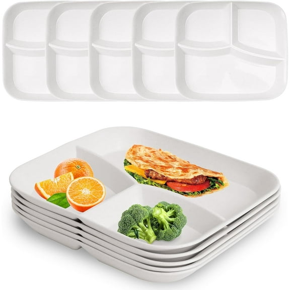 ABCISI 10'' Wheat Portion Control Dinner Plates, 5 Unbreakable Microwaveable Separate Plates, 3 Compartment Square Food Divider Plates for Kids Adults, Great For Healthy Eating And Weight Loss, White