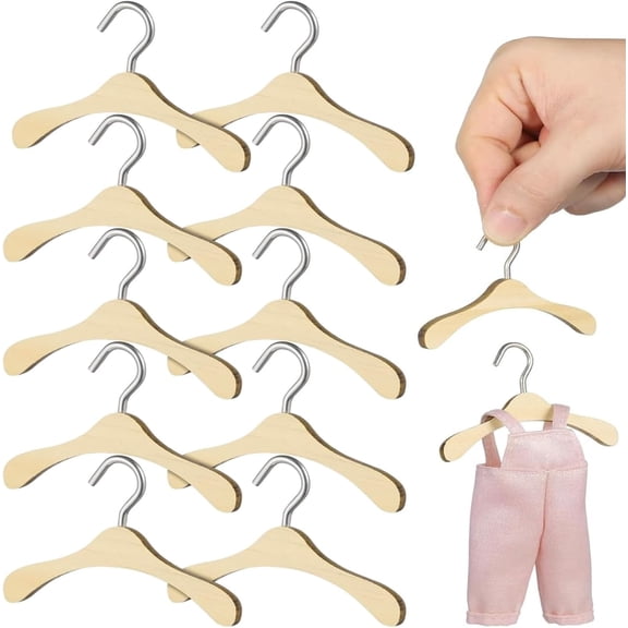 ABCISI 10pcs Wooden Mini Clothes Hangers for Dolls, 2.95 Inch Mini Dress Outfit Holders Dollhouse Accessory Organizer Set, Durable Miniature Wardrobe Tool for Kids Toy Storage