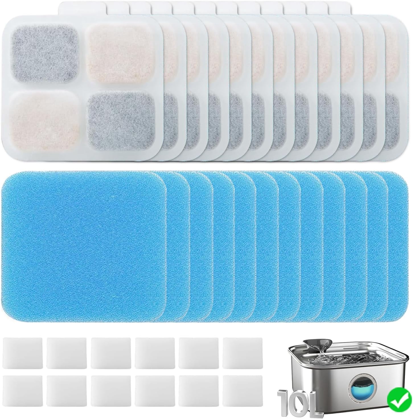 ABCISI 12+12 Pack Replacement Filters for Oneisall PW07SAU 10L/2.64Gal Stainless Steel Dog Water Fountain, Includes 12 Filters&12 Sponges, Improves Water Taste, Promote Pet Health&Encourage Drinking