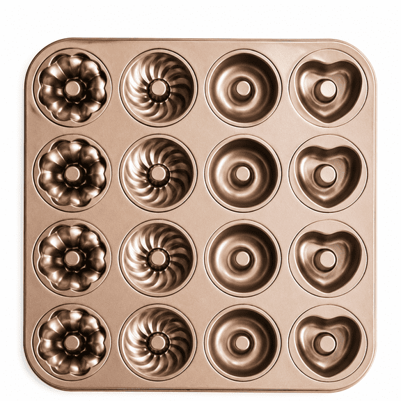 ABCISI 12-Cavity Mini Donut Pan, Nonstick Carbon Steel Doughnut Baking Mold with 4 Shapes, 13.86 x 10.6 Inch Rose Gold Bakeware for Muffins, Cupcakes and Treats