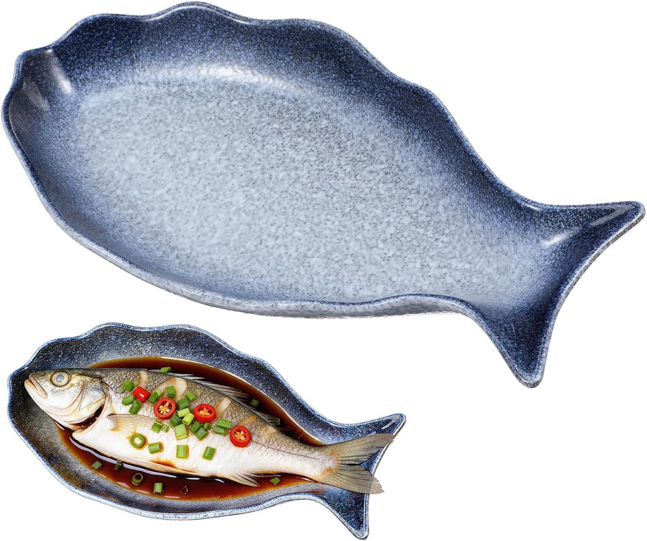 ABCISI 12 Inch Ceramic Fish Shaped Plate, Blue Porcelain Steamed Fish ...