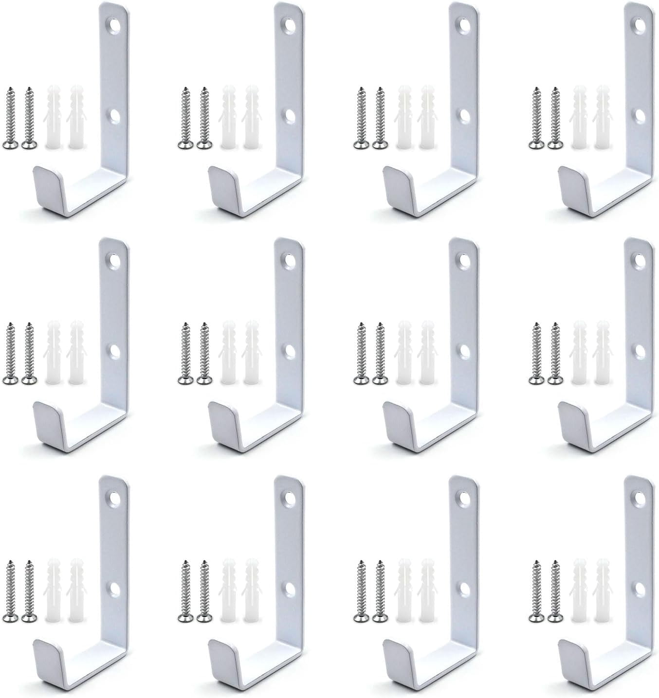 ABCISI (12 Pack) Heavy Duty Steel Wall J Hooks with Double Hole Screws Stronger Installation for Hanging Home, Office, Garage, Bathroom, Dressing Rooms, Wall-Mounted Coat Racks (White-Double Holes)