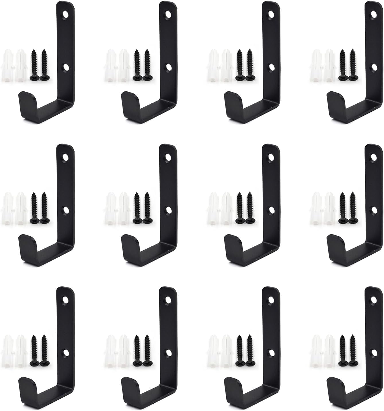 ABCISI (12 Pack) Heavy Duty Steel Wall J Hooks with Double Hole Screws Stronger Installation for Hanging Home, Office, Garage, Bathroom, Dressing Rooms, Wall-Mounted Coat Racks, Black