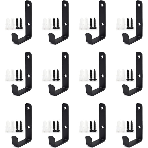 ABCISI (12 Pack) Heavy Duty Steel Wall J Hooks with Double Hole Screws Stronger Installation for Hanging Home, Office, Garage, Bathroom, Dressing Rooms, Wall-Mounted Coat Racks, Black