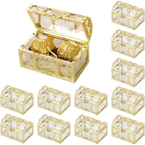 ABCISI 12 Pcs Clear Treasure Chest Favor Boxes, Mini Candy Gift Boxes With Gold Trim, 2.8 x 2 x 2 in Wedding Party Favor Containers for Baby Shower Birthday Decorations