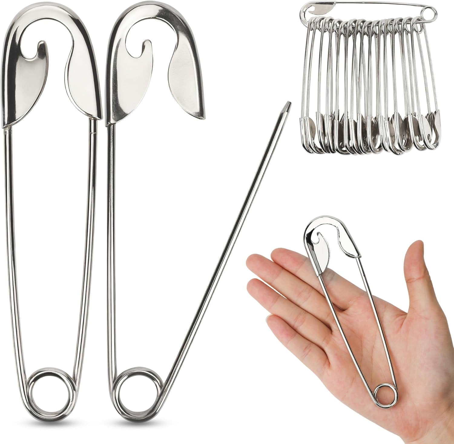 ABCISI 15 Pcs Large Safety Pins, 5.5 Inch Heavy Duty Safety Pins for Thick Fabric, Stainless Steel Giant Safety Pins for Clothes Blankets Crafts and Decorations Outdoor (Silver)
