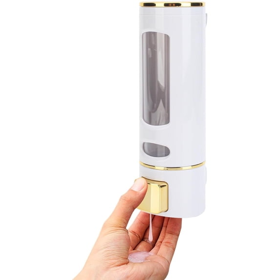 ABCISI 15oz Wall Mount Soap Dispenser - Manual Hand Shampoo and Shower Gel Dispenser for Bathroom and Kitchen - Lotion Container - Convenient and Stylish (White Shell, Golden Press)