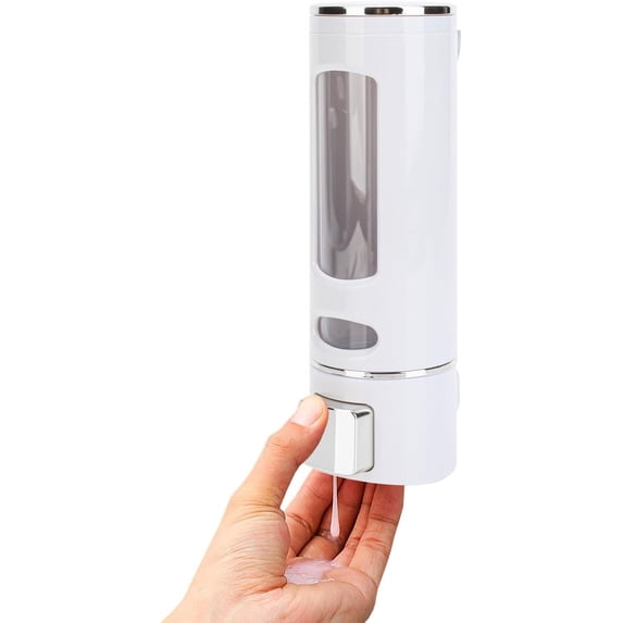 ABCISI 15oz Wall Mount Soap Dispenser - Manual Hand Shampoo and Shower Gel Dispenser for Bathroom and Kitchen - Lotion Container - Convenient and Stylish (White Shell, Silver Press)
