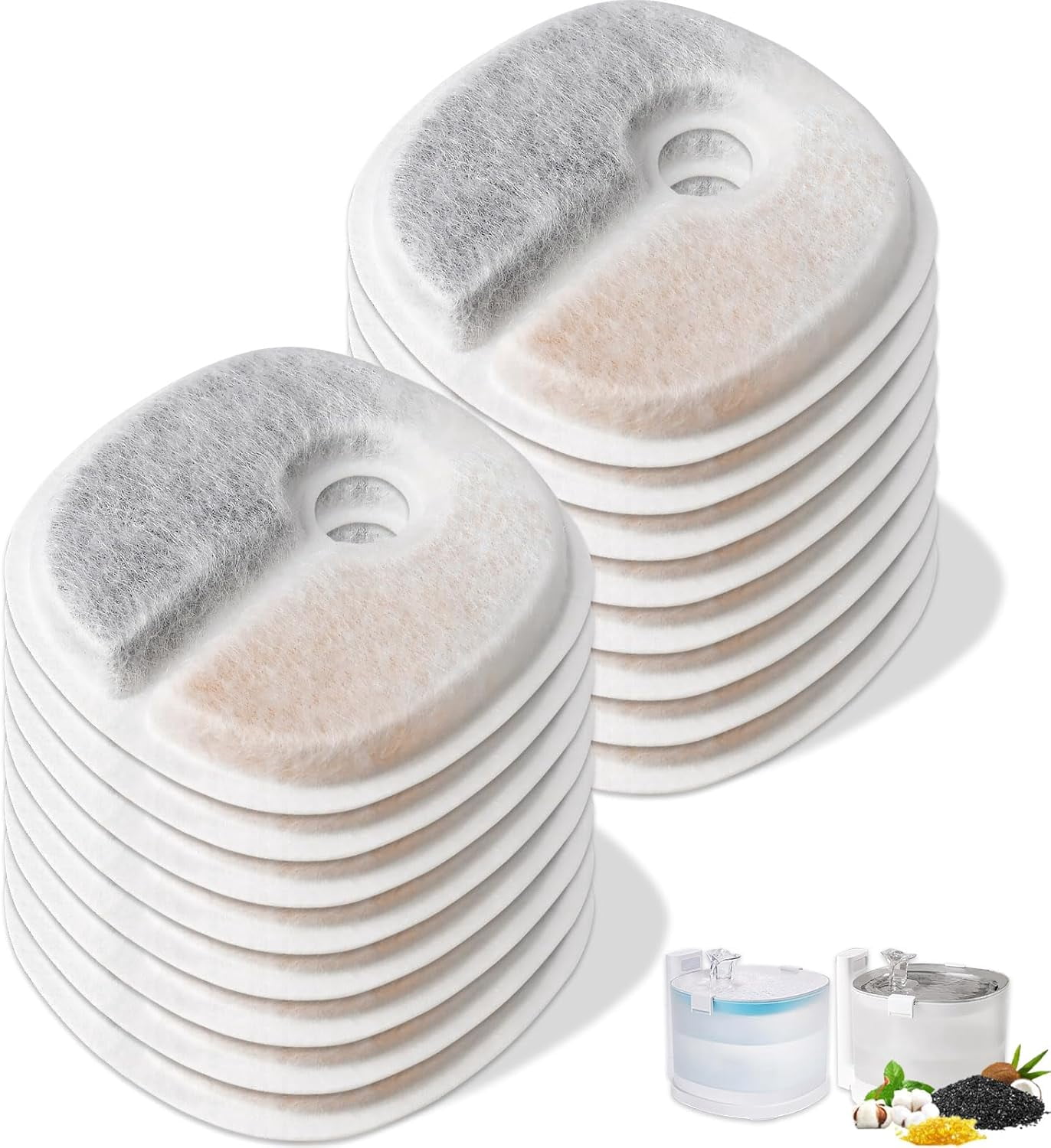 ABCISI 16 Pack Replacement Filters for E1 / E1+ Pumpless Cat Water Fountain (2 L / 67 oz), Pet Water Fountain Filter with Activated Carbon & Ion Exchange Resin