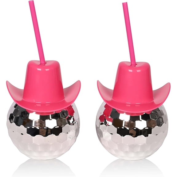 ABCISI 17 oz Disco Ball Cups with Straw, 2-Pack Decorative Drink Tumbler with Cowboy Hat Lid, Spark Western Pink Cowgirl Hat Disco Ball Cocktail Cup for Party Supplies, Bar, Family Gathering