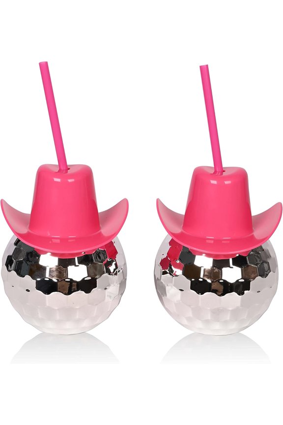 17 oz Disco Ball Cups with Straw, 2-Pack Decorative Drink Tumbler with Cowboy Hat Lid, Spark Western Pink Cowgirl Hat Disco Ball Cocktail Cup for Party Supplies, Bar, Family Gathering