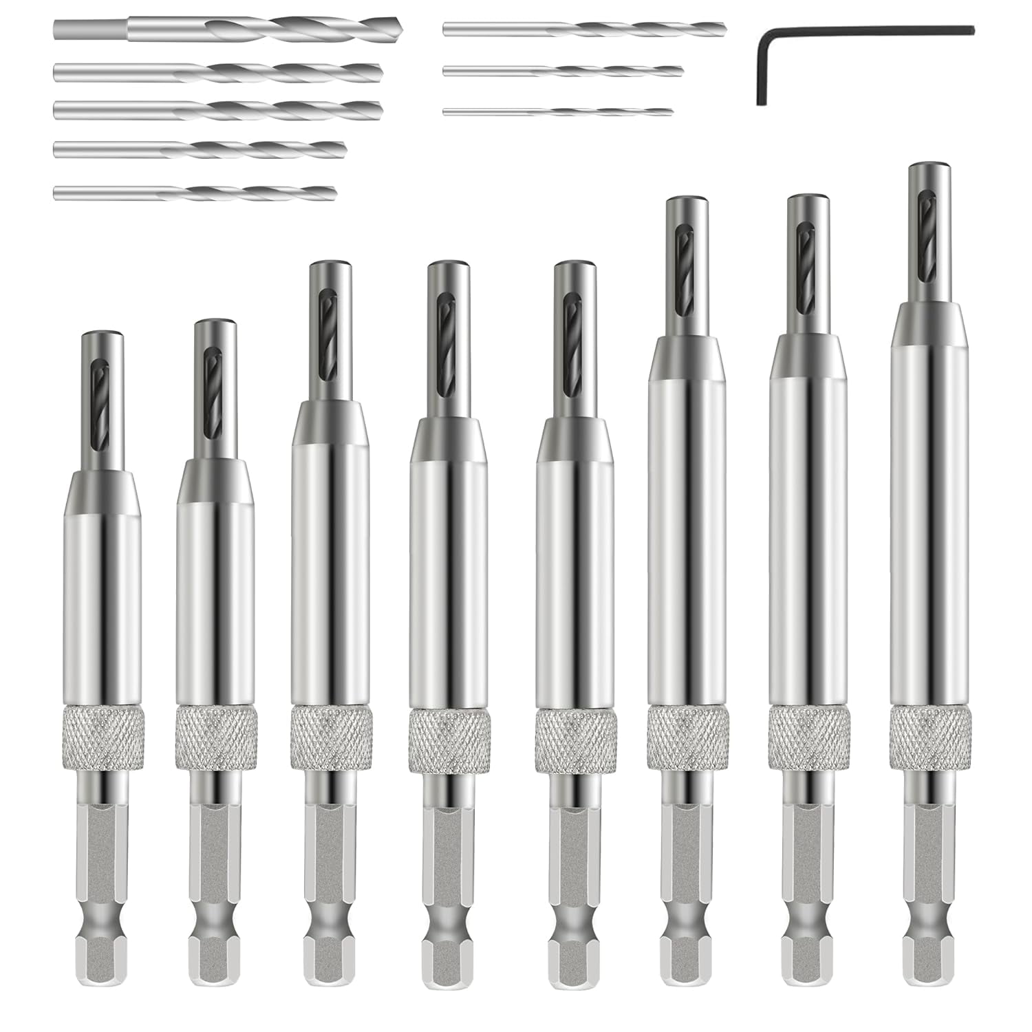 ABCISI 17pcs VIX Bits Self Centering Drill Bit Set, 1/4" Hex Shank Self Centering Hinge Tapper Core Drill Bit Set for Woodworking Window Door Hinge with 1 Hex Key & 8 Drill Bits 5/64"-1/4"