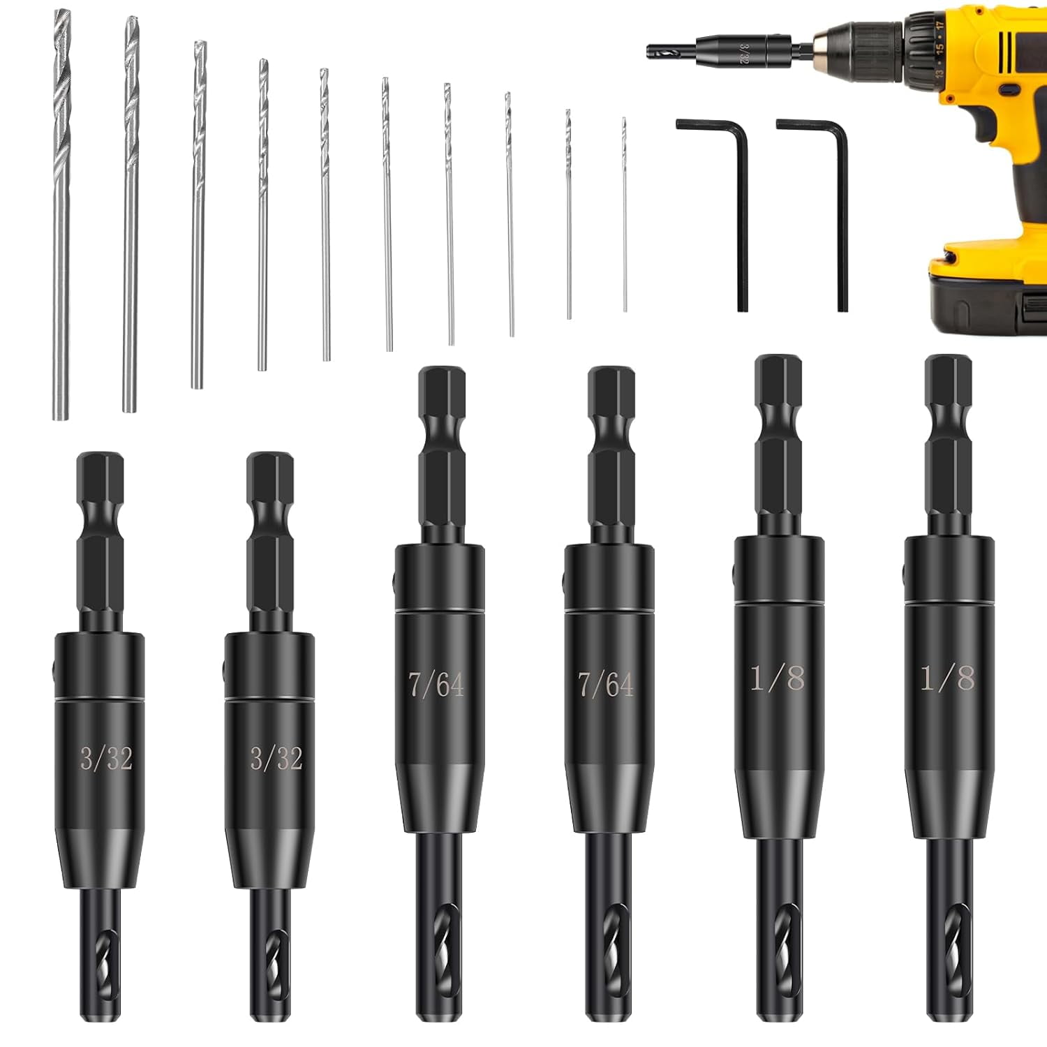 ABCISI 18 PCS Self Centering Hinge Drill Bit Set, 6 PCS 1/4" Hex Shank VIX Bit & 10 PCS 1/64”-5/64” Hinge Center Drill Bits & 2 PCS Hex Key for Woodworking Wood Cabinet Window Door