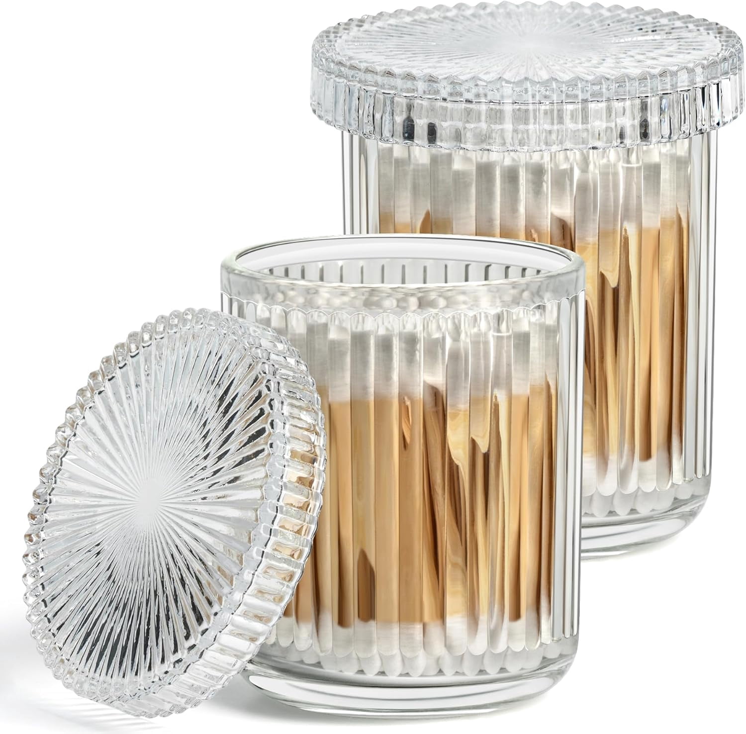ABCISI 2 Pack Holder Apothecary Jars with Lids, Bathroom Organizers and Storage Canister for Cotton Balls, Swabs, Floss Picks, Hair Ties, Clear Glass Vintage Bathroom Decor Jar Set (Clear)