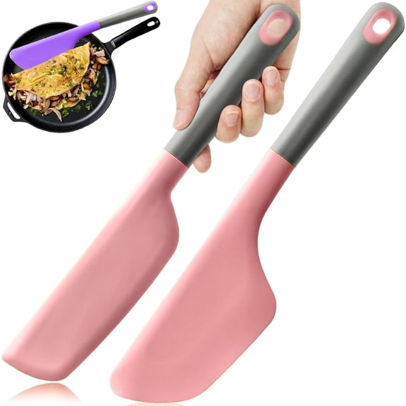 ABCISI 2 Pack Silicone Omelette Spatula, Wide Head + Long Head for Pancake Pizza Crepes, Nonstick Heat Resistant Spatula Flipper and Fold Omelette Turner for Kitchen, Pink