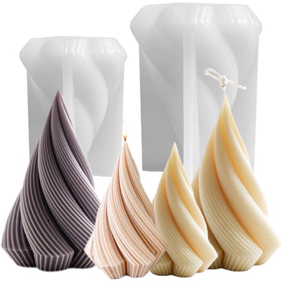 ABCISI 2-Pack Spiral Cone Shape Silicone Candle Molds, DIY 3D Geometric Candle Molds for Candle Making Resin Soap Casting Chocolate, Xmas Pillar Tree Shape Molds for Christmas Gifts, 4.9"+4"