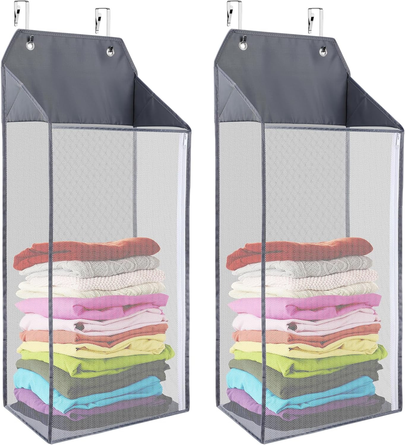 ABCISI 2 Packs Large Hanging Laundry Hamper with Hooks, Over the Door Mesh Hamper with Zipper for Dirty Clothes Organizer, Collapsible Wall Hanging Laundry Basket for Bathroom, Dormitory, Grey