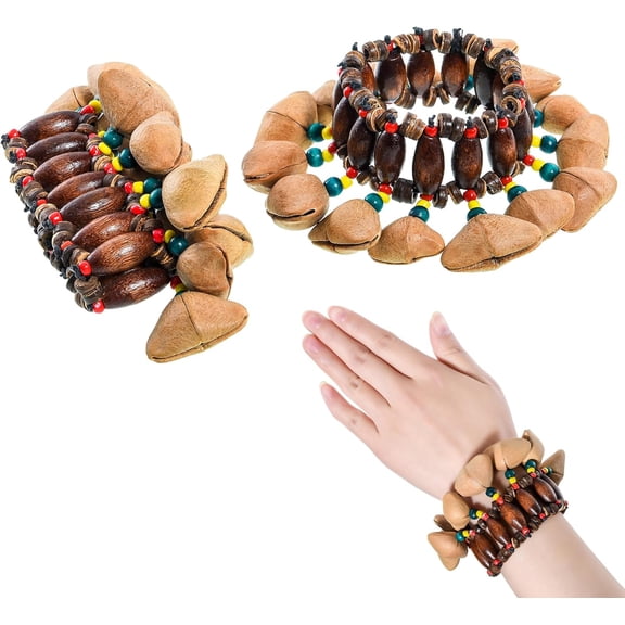 ABCISI 2 Pcs  African Tribal Style Nut Shell Dance Bracelets, Natural Shaker Bell Wristband, Nut Craft Handbell for Dance, Yoga, Meditation, ASMR and Sound Therapy, Percussion Instrument Accessories