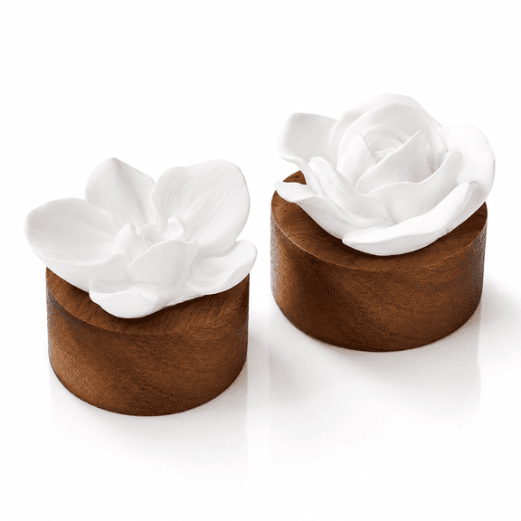 ABCISI 2 Pcs Ceramic Flower Diffuser, Mini Essential Oil Passive Diffuser with Wooden Base, White Orchid and Rose Aromatherapy Decor for Home Office Bathroom Tabletop, 2.05 x 2.36 in