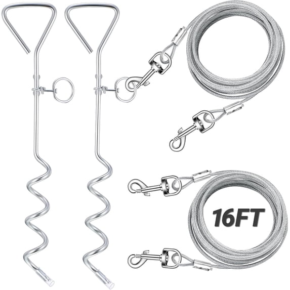 ABCISI 2 Pcs Dog Tie Out Cable and Stake, 16 ft Outside Dog Leash Cable Chain for Medium to Large Dogs up to 125 Lbs,18'' Heavy Duty Reflective Spiral Stake for Yard Camping Running Play (Grey)
