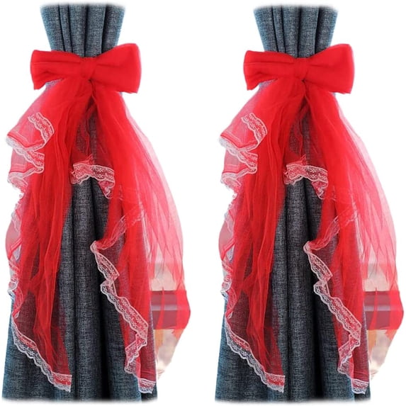 ABCISI 2 Pcs Lace Bow Curtain Tiebacks, Fairy Fabric Curtain Tie Straps, Elegant Lace Drapery Holdbacks Tie Rope for Home Office Hotel, Red