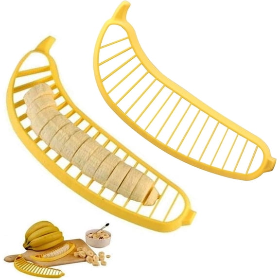 ABCISI 2 Pcs Plastic Banana Cutter, Yellow Banana Shaped Slicer Cutter Kitchen Tool, Safe, Fun and Easy for Children to Use, Perfect for Fruit Salads Breakfast Cereal or Dessert