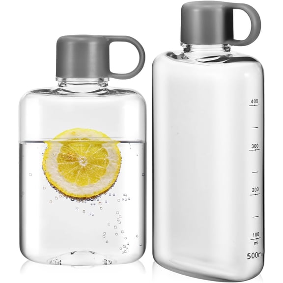 ABCISI 2 Pcs Portable Flat Water Bottle: Clear Square Slim Drinking Bottle, BPA Free Tritan Reusable Water Bottle with 360ML&500Ml Capacity, Leak-Proof Compact for Outdoor Sports, Camping, Fitness