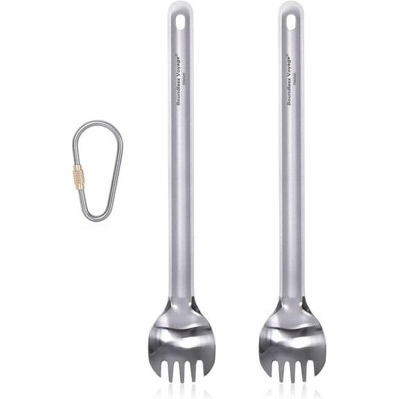 ABCISI 2 Piece Titanium Long Handle Spork, Camping Utensil Set with Polished Hook, Ultra-Light for Backpacking, Hiking, Travel Durable Outdoor Tableware Ti1032T