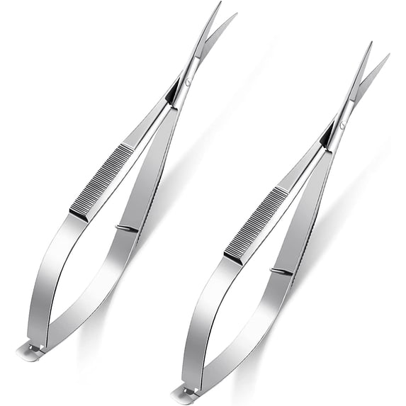 ABCISI 2 Pieces 4.7 Inch Stainless Steel Spring Scissors, Embroidery Sewing Snips Scissors, Eyebrow Trimming Scissor, Curved Tip Thread Scissor for Ear Nose Mustache, 2 Styles (Silver)