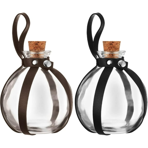 ABCISI 2 Pieces Halloween Potion Bottles for Belt, Magic Cork Potion Bottle, Witch Clear Glass Bottle Round Spherical Bottle for Halloween Costume Accessory, Black and Brown