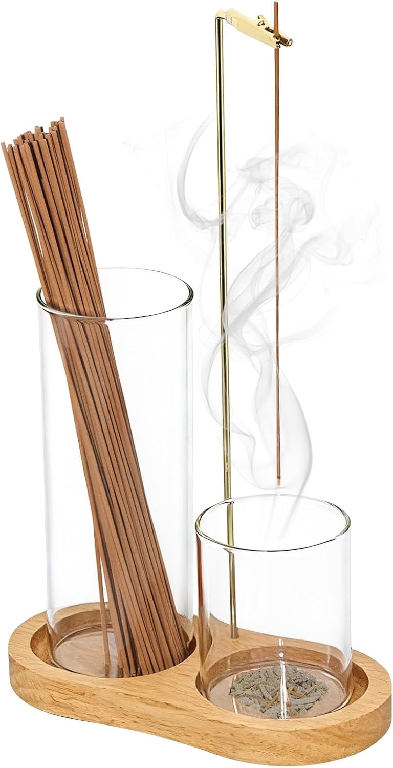 ABCISI 2-in-1 Glass Incense Holder with Ash Collector and Incense Stick Storage Upside Down Hanging Incense Holder,Anti-Splashing Design,Perfect for Meditation, Yoga, Spa, and Home Decoration,Natural