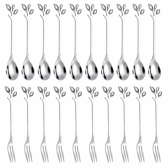 ABCISI 20-Piece Mini Dessert Spoon and Fork Set, 4.7 Inch Stainless Steel Leaf Handle Coffee Spoons and Appetizer Forks for Tea, Cake, Charcuterie, Party and Tastings,silver