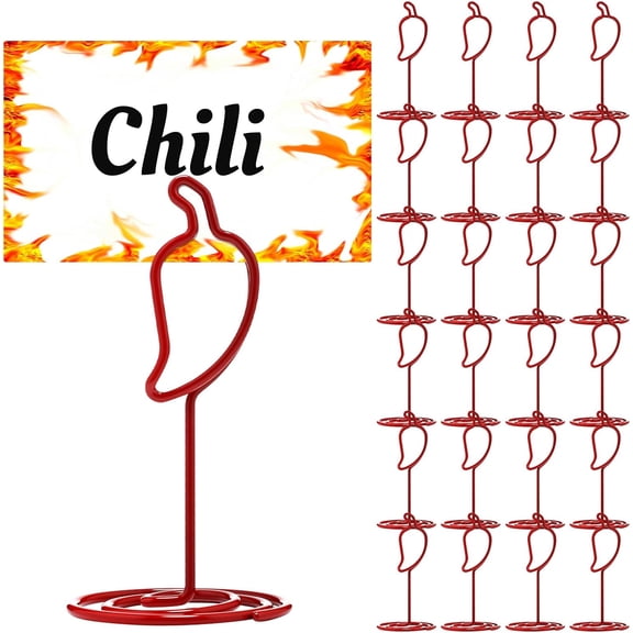 ABCISI 24 Pcs Chili Shaped Pepper Cards Holder, Table Number Holders Spicy Festival Metal Chili Cookoff Decorations, Photo Card Stands for Mexican Parties, Competitions & Events (Red)