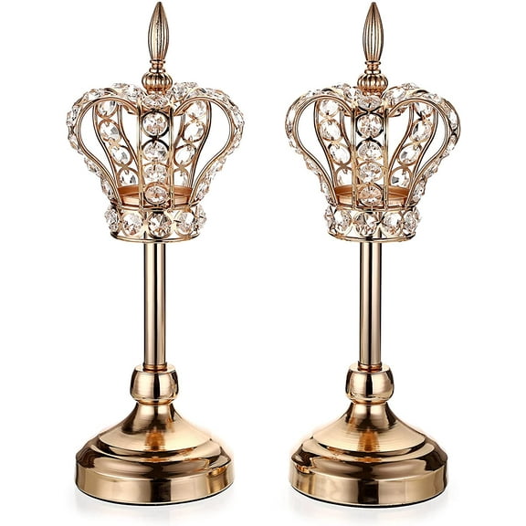 ABCISI 2PCS Crystal Crown Candlestick Holders Tea Light Holders Metal Tealight Candelabra, Gold Crystal Votive Candlesticks Set Elegant Candle Stick Holder Candle Centerpiece for Dining Table, 14" H