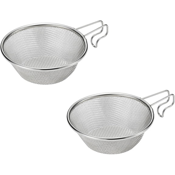 ABCISI 2PCS Mesh Strainer Net, Stainless Steel Net with Handle and a hook for Convenient Hanging, Hand Held Noodle Colander Flour Sieve, Picnic Tableware Outdoor Camping Cooking Accessories