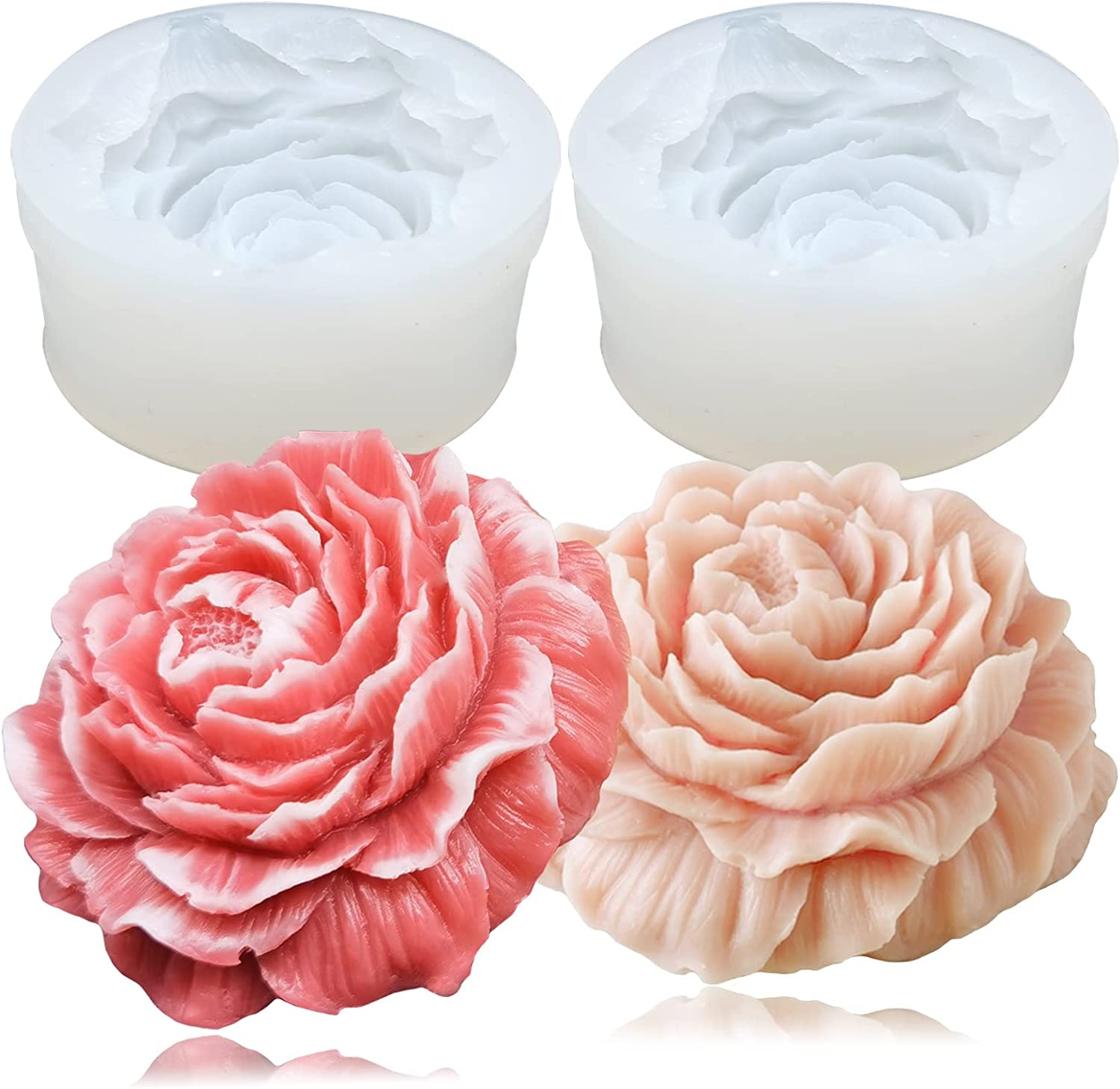 ABCISI 2PCS Peony Flower Silicone Soap Molds, 3D Resin Candle Molds Flower Fondant Silicone Mold for Handmade Cake Decoration Cupcake Jelly Candy Chocolate, Epoxy Casting Resin Craft