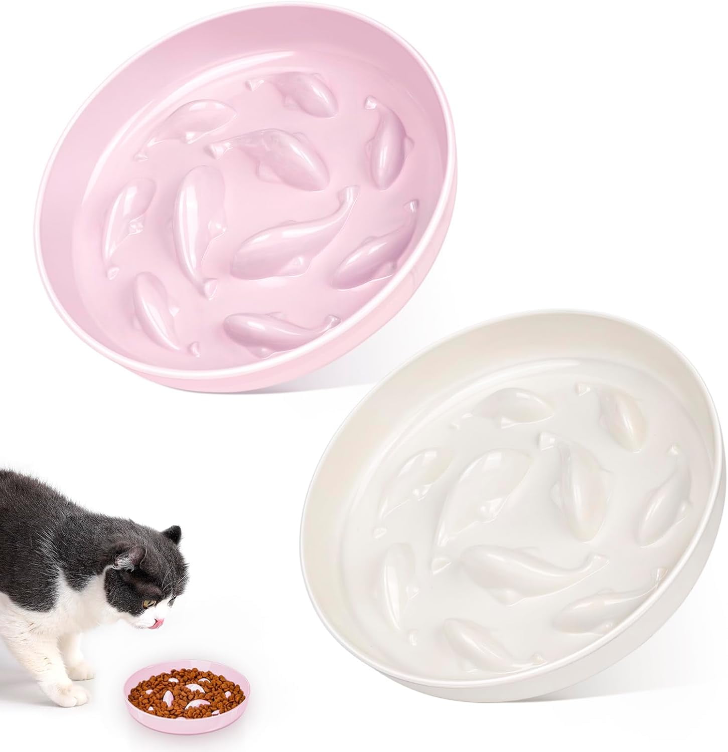 ABCISI 2PCS Slow Feeder Cat Bowl, Cat Food Bowl with Fish Pool Design, Healthy Eating Diet Pet Bowl, Interactive Puzzle Feeder Dish for Cats, Non-Slip Anti Gulping Cat Bowl for Dry and Wet Food