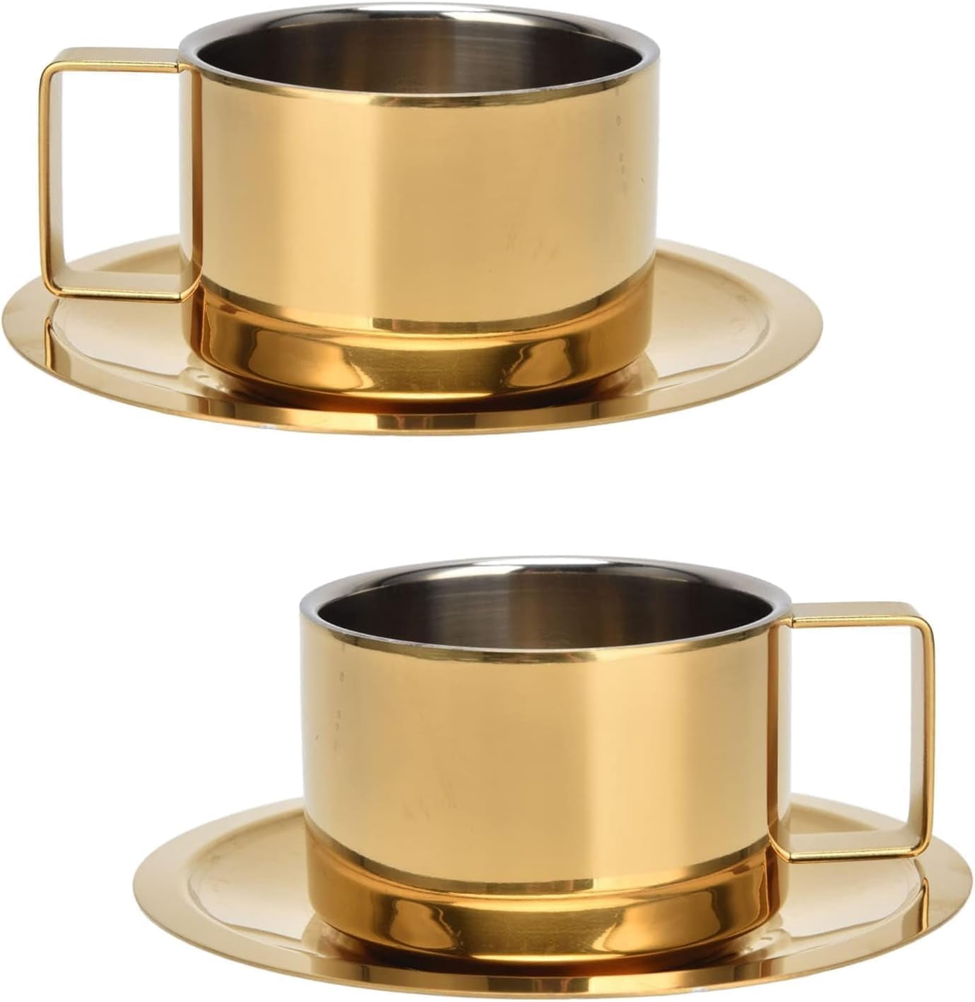 ABCISI 2Pcs Espresso Cups and Saucers Set, Coffee Cup and Saucer Set Coffee Mug Stainless Steel Demitasse Cups Exquisite Luxury Small Coffee Containers for Latte Cappuccino Tea, 200ML, Gold