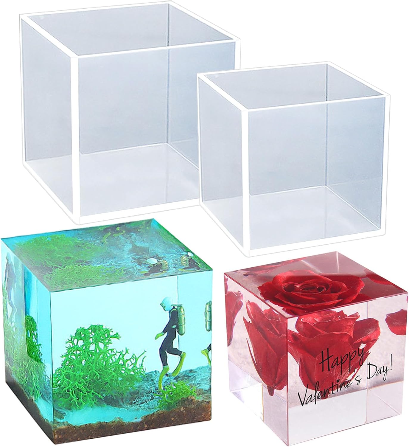 ABCISI 2Pcs Large Cube Resin Molds, 4'' & 3'' Clear Silicone Cube Molds, Resin Flower Preservation Kit, Transparent Deep Square Epoxy Resin Mold with Wooden Support for DIY Craft Home Decor