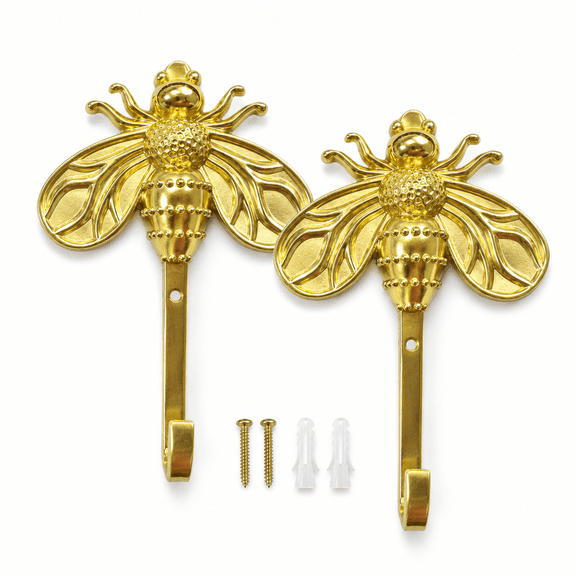 ABCISI 2 Pcs Brass Bee Wall Hooks, Decorative Golden Metal Hooks with Screws, Rustic Animal Coat and Towel Hangers for Entryway Bathroom Bedroom, Keys Hats Robes