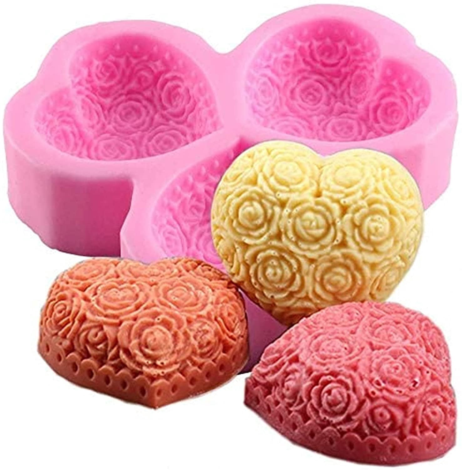 ABCISI 3-Cavity Heart Rose Flower Silicone Mold, DIY Silicone Mold for Soap Fondant Cake Decoration Chocolate Candle Bath Bomb, Perfect for Valentine's Day Gift, Wedding, Anniversary, Engagement