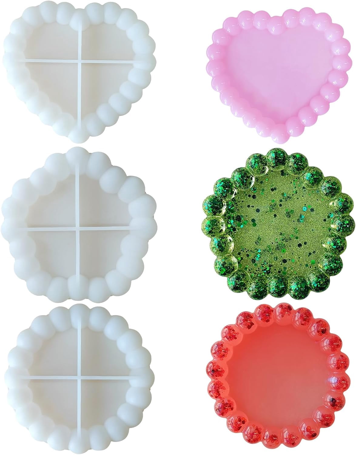 ABCISI 3 Pcs Bubble Coaster Silicone Mold, Durable Epoxy Resin Bubble Molds for Resin Heart Round Pentagonal Shape, Used for Coasters Bowl mats, Candle Holders, Home Decoration, Valentine's Day Gifts