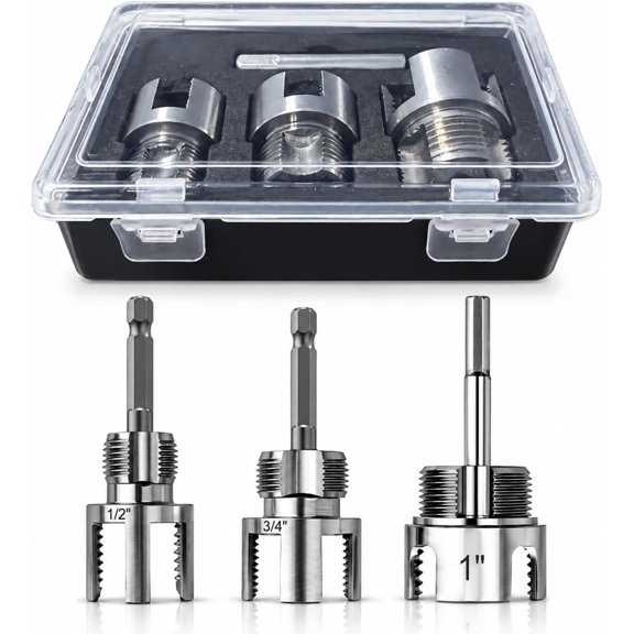 ABCISI 3 Pcs Pipe Thread Cutting Tool Set with Storage Box, 1/2", 3/4" & 1" Internal External Pipe Threading Tool, Dual-Functional Drill Thread Cutter for PVC, PPR and Plastic Pipe Plumbing Repair