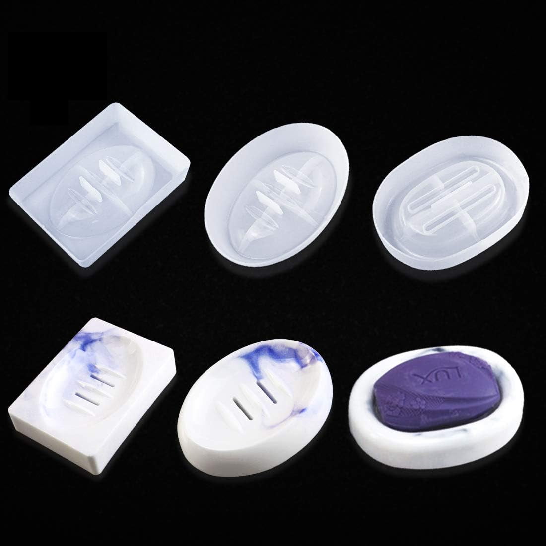ABCISI 3 Pcs Resin Soap Dish Molds, Epoxy Resin Casting Mold with Drain for Home Bathroom Kitchen, Rectangle & Oval Silicone Mold for Soap Sponges Scrubber Holder