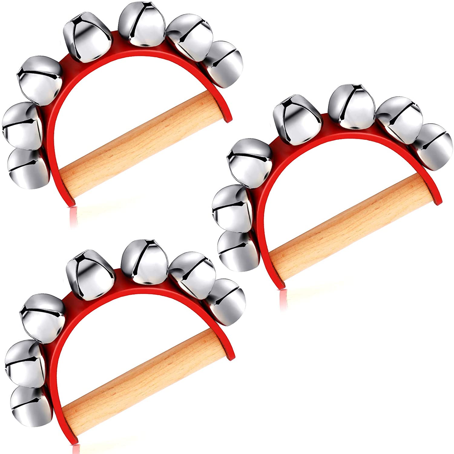 ABCISI 3 Pieces Handbell, Hand Jingle Bell Early Educational Musical Instrument, Sleigh Bell for Christmas Caroling,Wooden Handle Instrument with 7 Bells for Music Class Party School Band Performance
